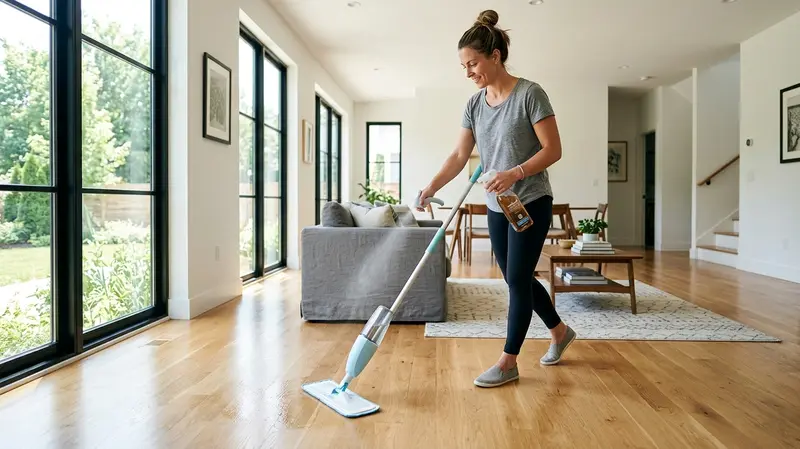 person mopping hardwood floor with Bona hardwood floor cleaner